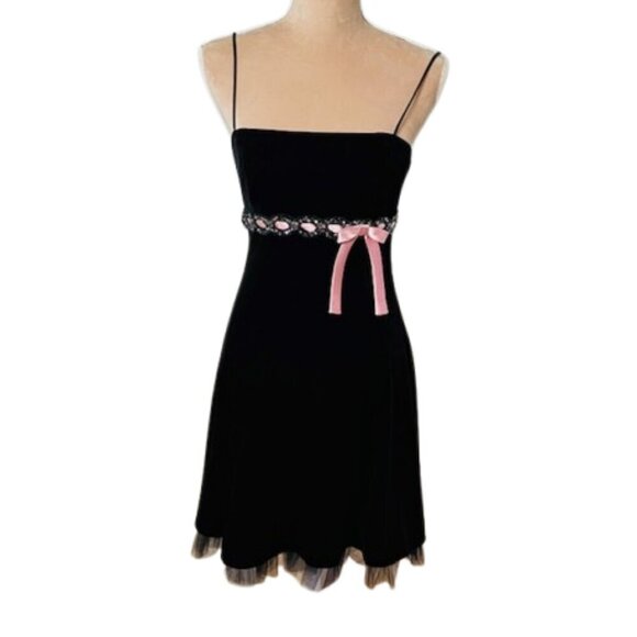 Betsy & Adam Vintage Black Velvet Mini Dress Pink Bow 6 XS - Picture 1 of 9